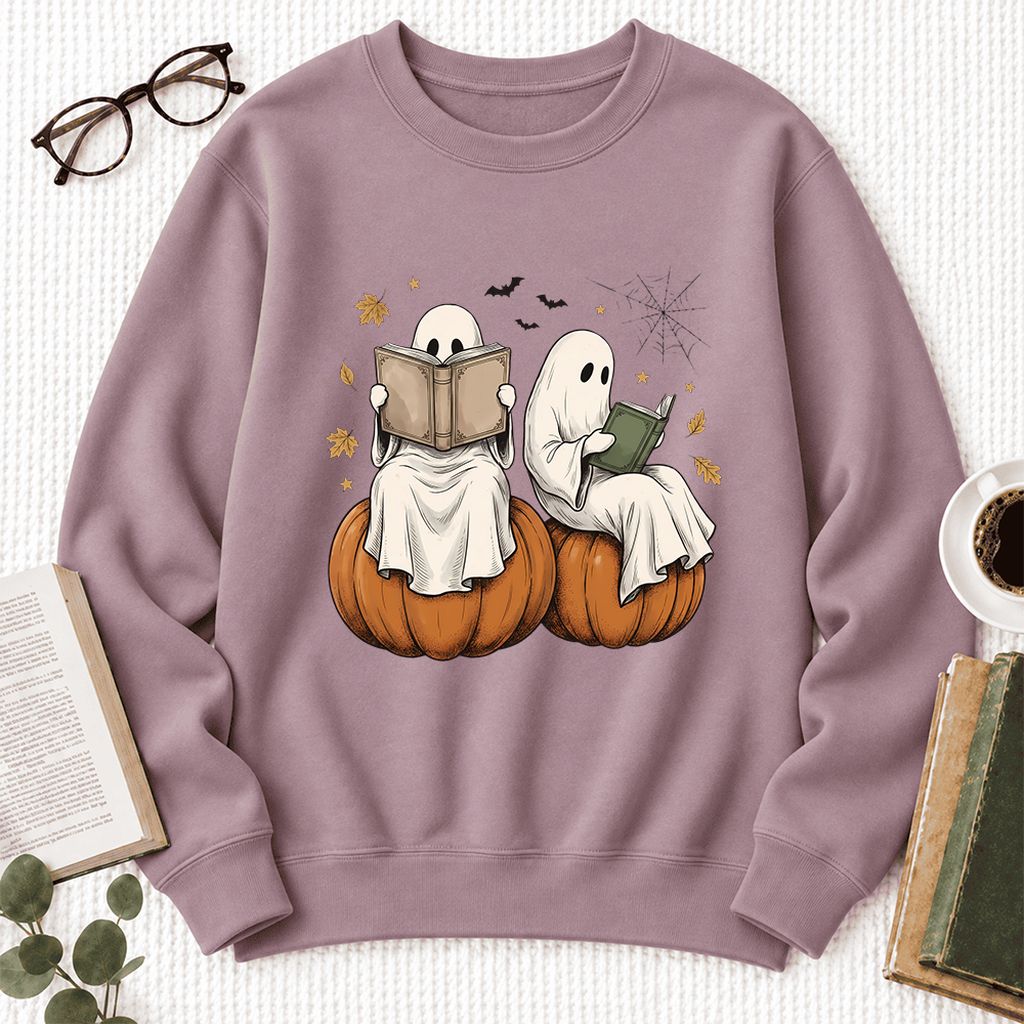 Small Ghosts Reading on Pumpkins Softstyle Sweatshirt | Spooky Book Lover Gift Paragon