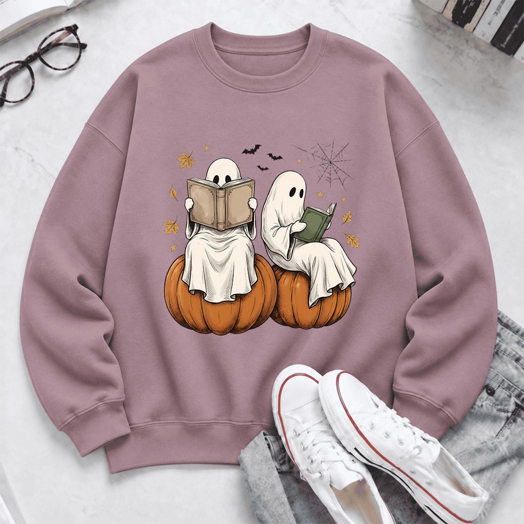 Small Ghosts Reading on Pumpkins Softstyle Sweatshirt | Spooky Book Lover Gift Paragon