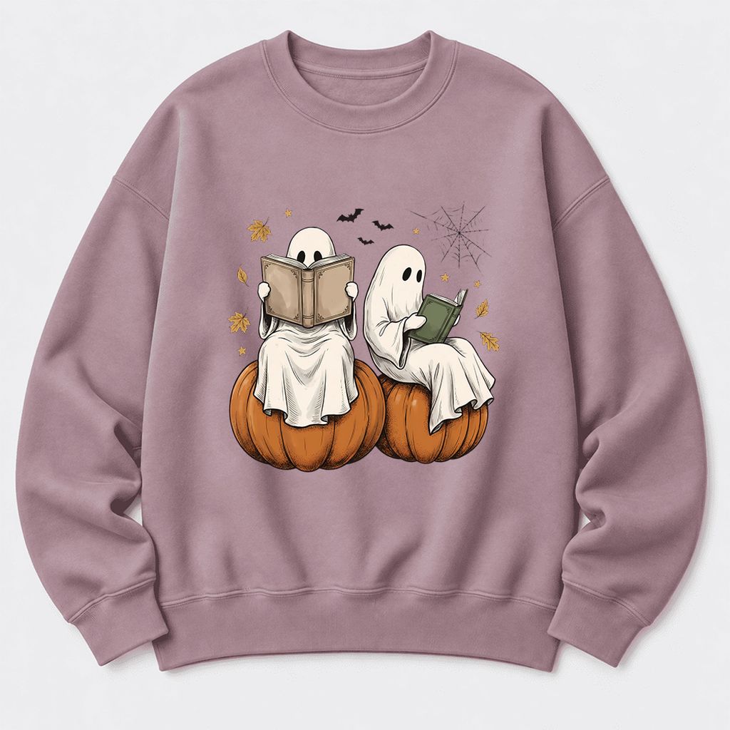 Small Ghosts Reading on Pumpkins Softstyle Sweatshirt | Spooky Book Lover Gift Paragon