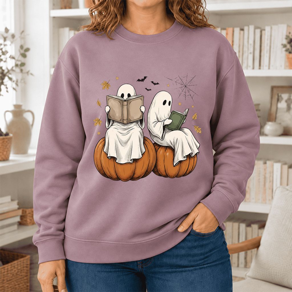 Small Ghosts Reading on Pumpkins Softstyle Sweatshirt | Spooky Book Lover Gift Paragon