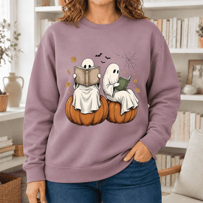Small Ghosts Reading on Pumpkins Softstyle Sweatshirt | Spooky Book Lover Gift Paragon