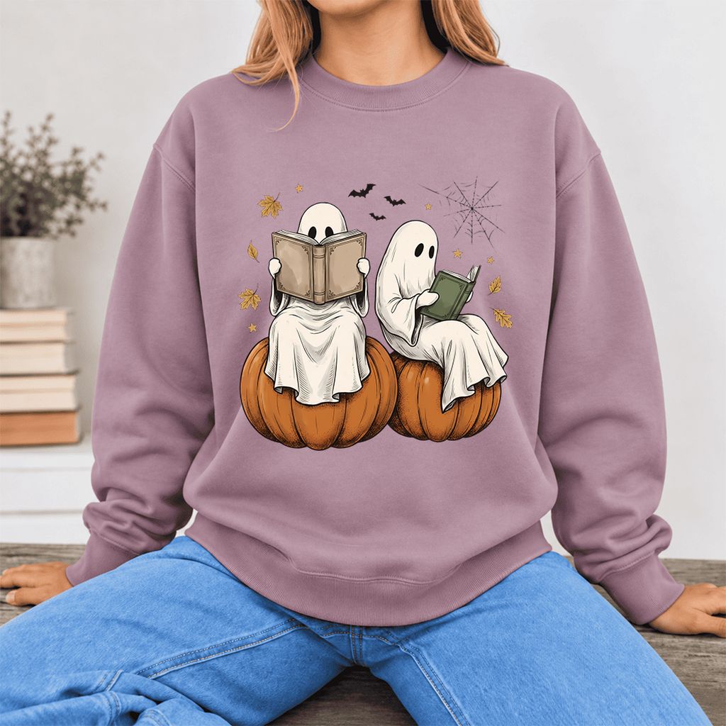 Small Ghosts Reading on Pumpkins Softstyle Sweatshirt | Spooky Book Lover Gift Paragon
