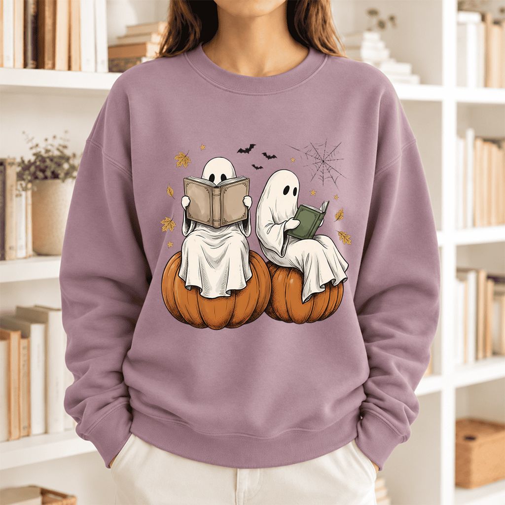 Small Ghosts Reading on Pumpkins Softstyle Sweatshirt | Spooky Book Lover Gift Paragon