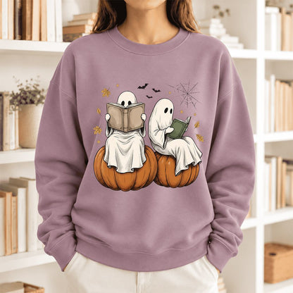 Small Ghosts Reading on Pumpkins Softstyle Sweatshirt | Spooky Book Lover Gift Paragon