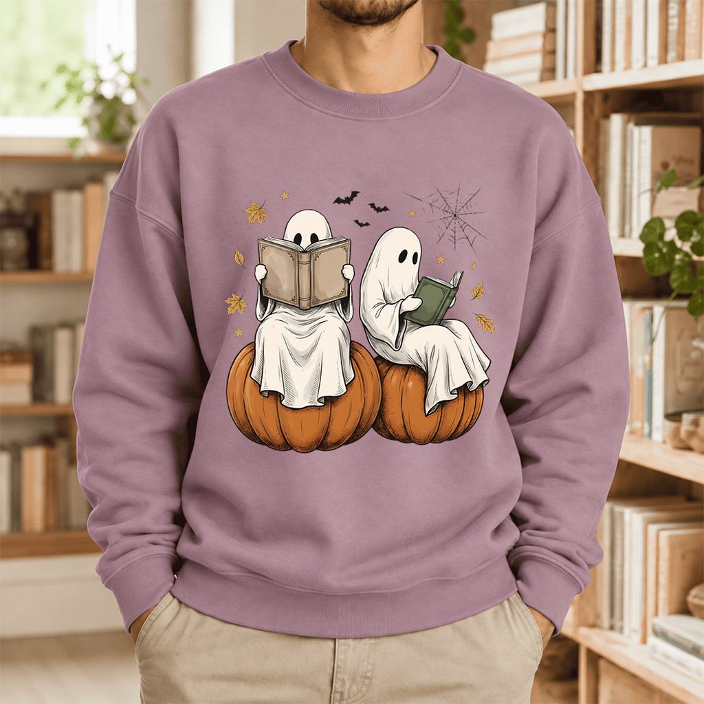 Small Ghosts Reading on Pumpkins Softstyle Sweatshirt | Spooky Book Lover Gift Paragon