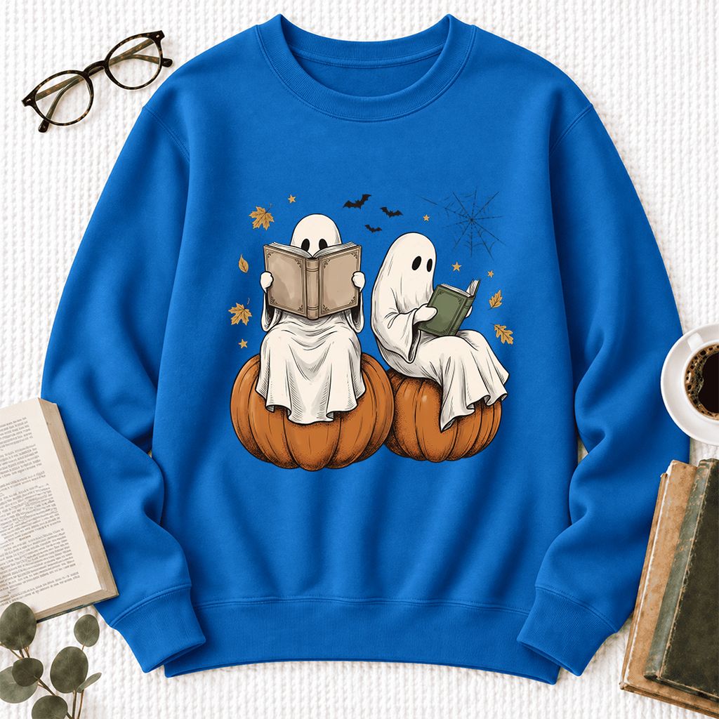 Small Ghosts Reading on Pumpkins Softstyle Sweatshirt | Spooky Book Lover Gift Royal