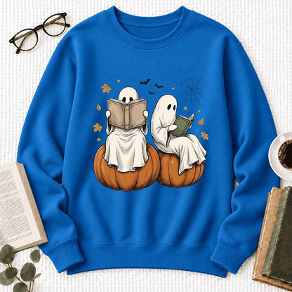 Small Ghosts Reading on Pumpkins Softstyle Sweatshirt | Spooky Book Lover Gift Royal