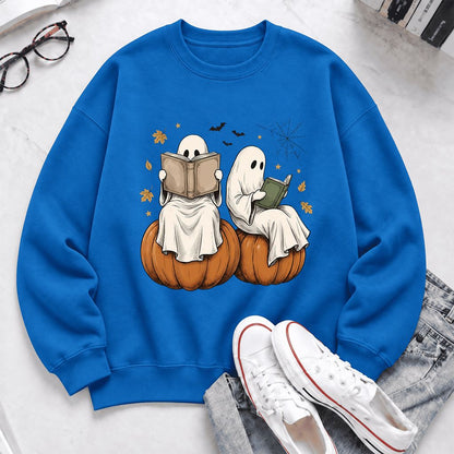Small Ghosts Reading on Pumpkins Softstyle Sweatshirt | Spooky Book Lover Gift Royal