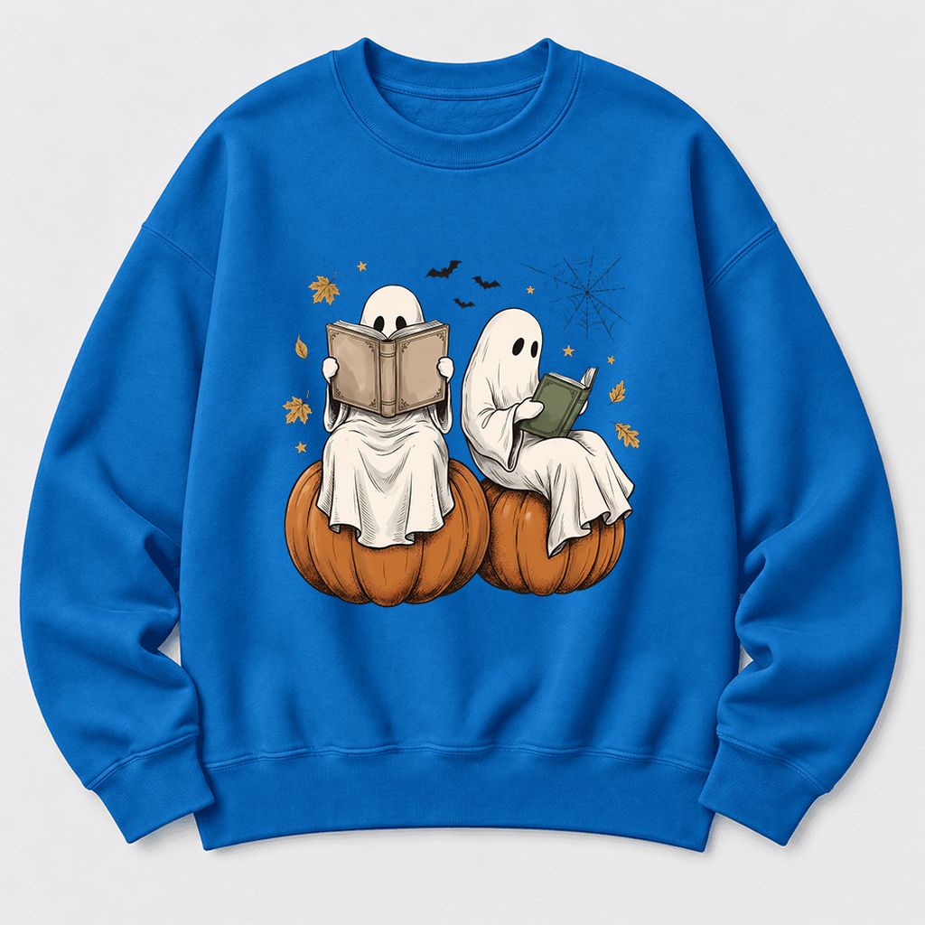 Small Ghosts Reading on Pumpkins Softstyle Sweatshirt | Spooky Book Lover Gift Royal
