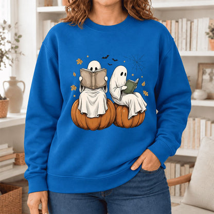 Small Ghosts Reading on Pumpkins Softstyle Sweatshirt | Spooky Book Lover Gift Royal