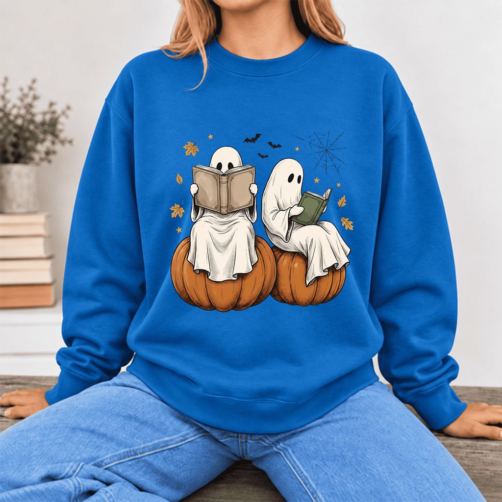 Small Ghosts Reading on Pumpkins Softstyle Sweatshirt | Spooky Book Lover Gift Royal