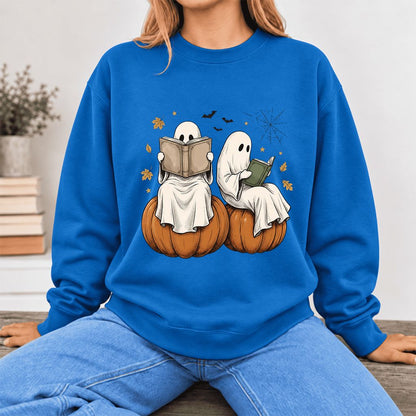Small Ghosts Reading on Pumpkins Softstyle Sweatshirt | Spooky Book Lover Gift Royal