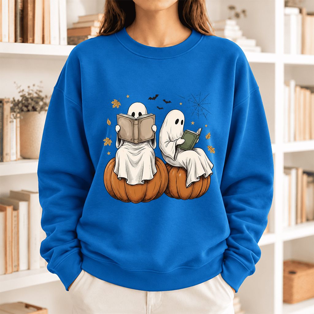Small Ghosts Reading on Pumpkins Softstyle Sweatshirt | Spooky Book Lover Gift Royal