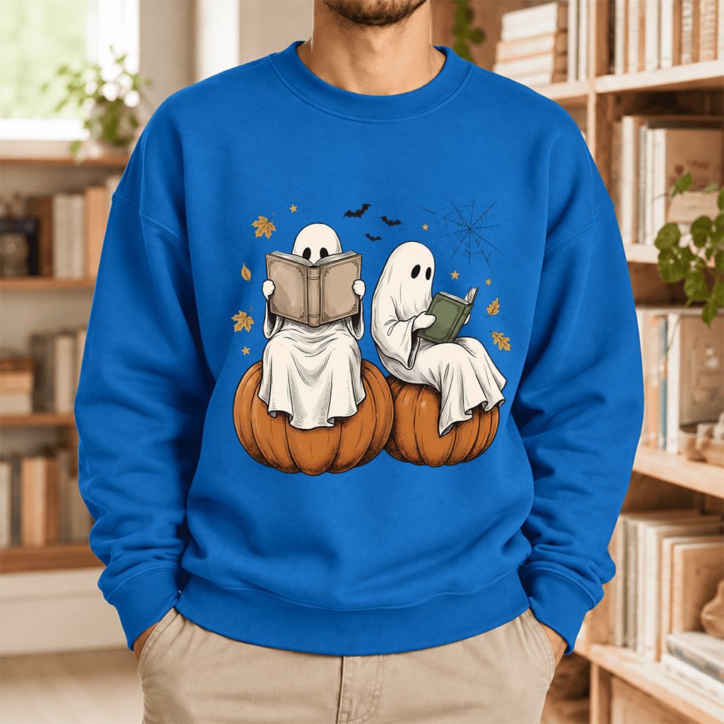 Small Ghosts Reading on Pumpkins Softstyle Sweatshirt | Spooky Book Lover Gift Royal