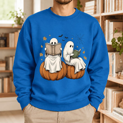 Small Ghosts Reading on Pumpkins Softstyle Sweatshirt | Spooky Book Lover Gift Royal