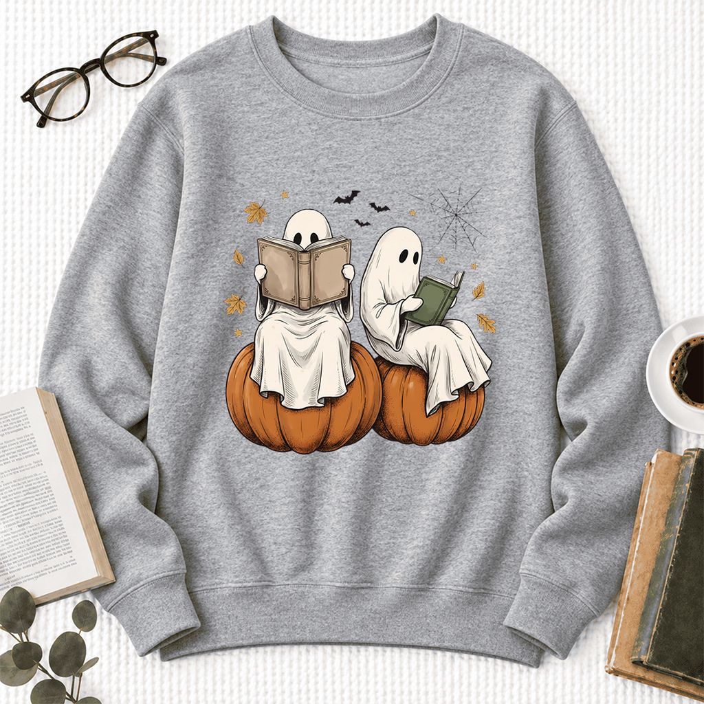 Small Ghosts Reading on Pumpkins Softstyle Sweatshirt | Spooky Book Lover Gift Sport Grey