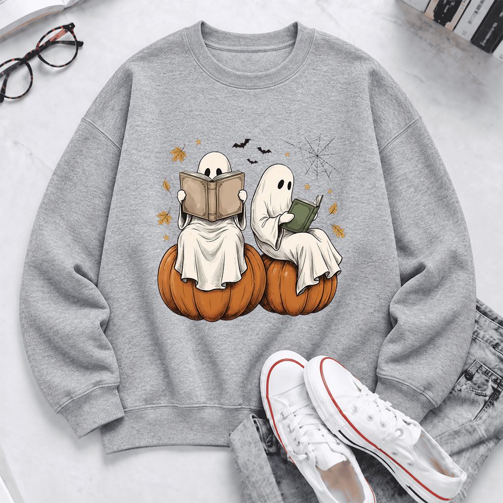 Small Ghosts Reading on Pumpkins Softstyle Sweatshirt | Spooky Book Lover Gift Sport Grey