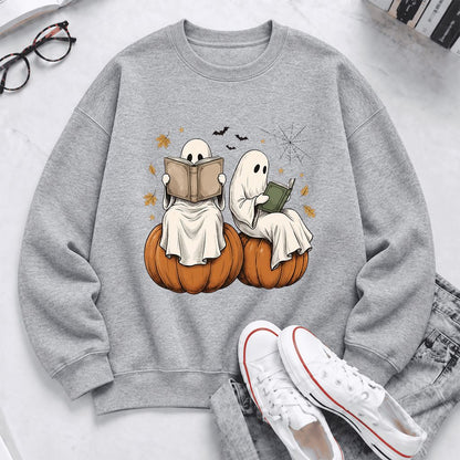 Small Ghosts Reading on Pumpkins Softstyle Sweatshirt | Spooky Book Lover Gift Sport Grey