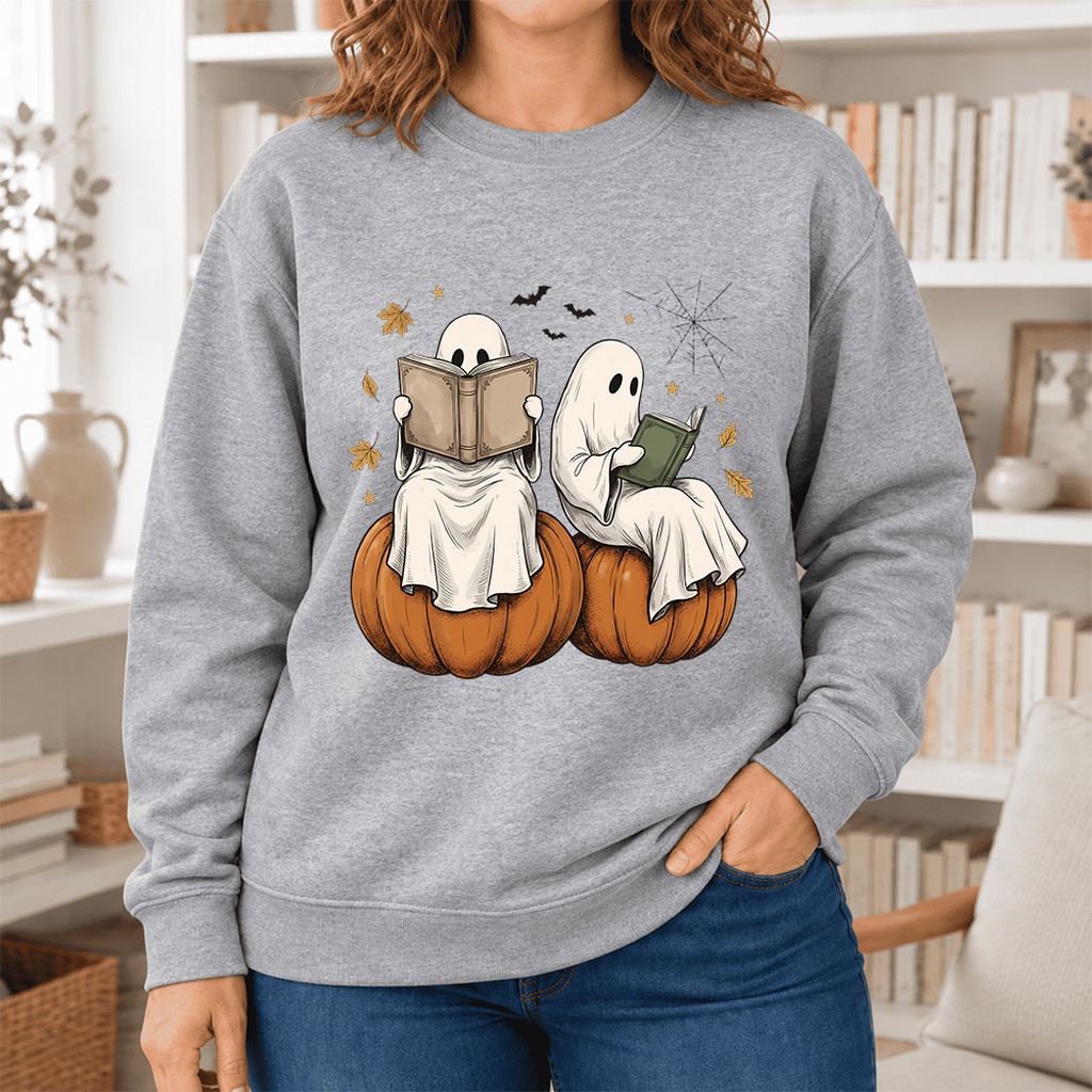 Small Ghosts Reading on Pumpkins Softstyle Sweatshirt | Spooky Book Lover Gift Sport Grey