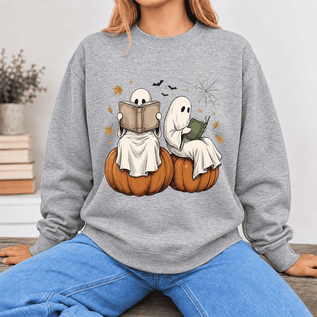 Small Ghosts Reading on Pumpkins Softstyle Sweatshirt | Spooky Book Lover Gift Sport Grey
