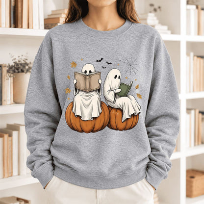 Small Ghosts Reading on Pumpkins Softstyle Sweatshirt | Spooky Book Lover Gift Sport Grey
