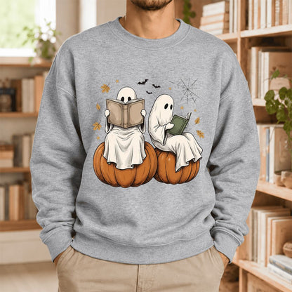 Small Ghosts Reading on Pumpkins Softstyle Sweatshirt | Spooky Book Lover Gift Sport Grey