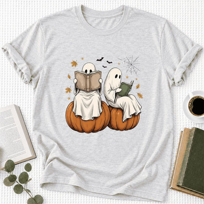 Small Ghosts Reading on Pumpkins Ultra-Soft Cotton T-Shirt | Gift Ash