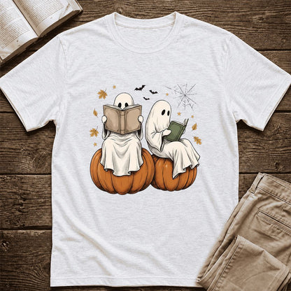 Small Ghosts Reading on Pumpkins Ultra-Soft Cotton T-Shirt | Gift Ash