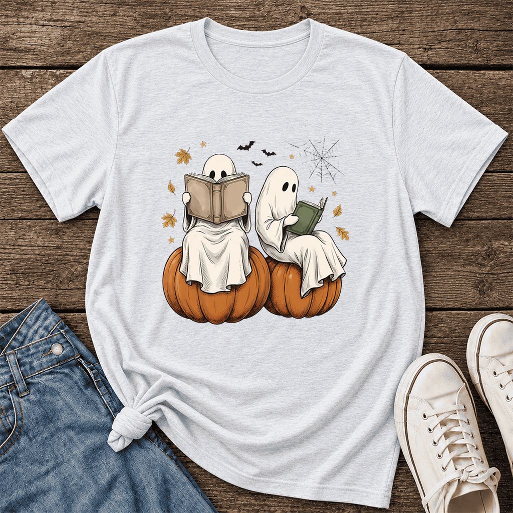Small Ghosts Reading on Pumpkins Ultra-Soft Cotton T-Shirt | Gift Ash