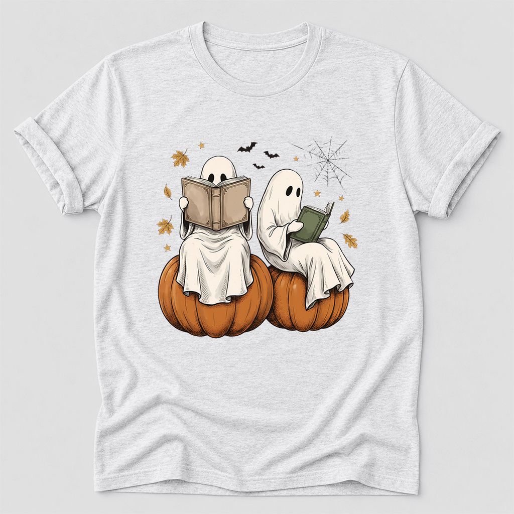 Small Ghosts Reading on Pumpkins Ultra-Soft Cotton T-Shirt | Gift Ash