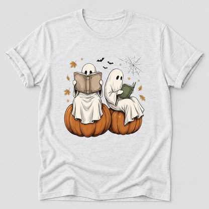 Small Ghosts Reading on Pumpkins Ultra-Soft Cotton T-Shirt | Gift Ash