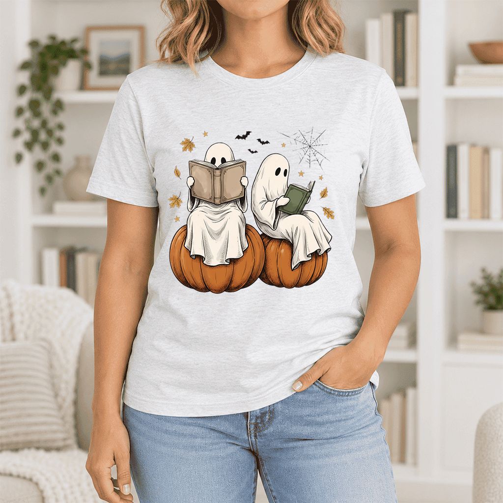 Small Ghosts Reading on Pumpkins Ultra-Soft Cotton T-Shirt | Gift Ash