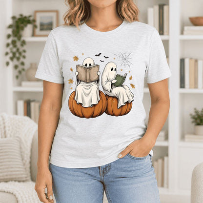 Small Ghosts Reading on Pumpkins Ultra-Soft Cotton T-Shirt | Gift Ash