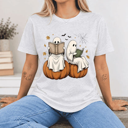 Small Ghosts Reading on Pumpkins Ultra-Soft Cotton T-Shirt | Gift Ash