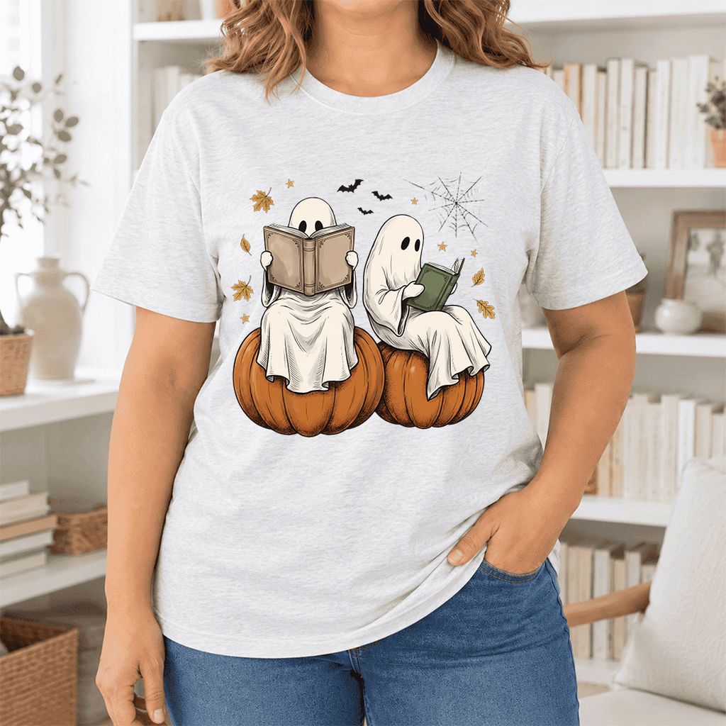 Small Ghosts Reading on Pumpkins Ultra-Soft Cotton T-Shirt | Gift Ash
