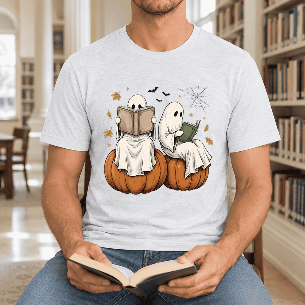 Small Ghosts Reading on Pumpkins Ultra-Soft Cotton T-Shirt | Gift Ash