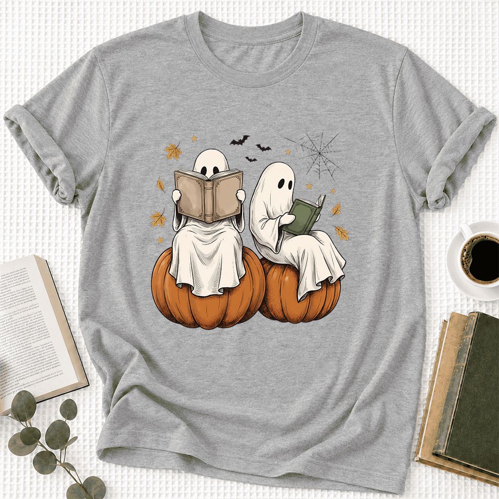 Small Ghosts Reading on Pumpkins Ultra-Soft Cotton T-Shirt | Gift Athletic Heather