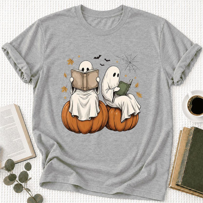 Small Ghosts Reading on Pumpkins Ultra-Soft Cotton T-Shirt | Gift Athletic Heather