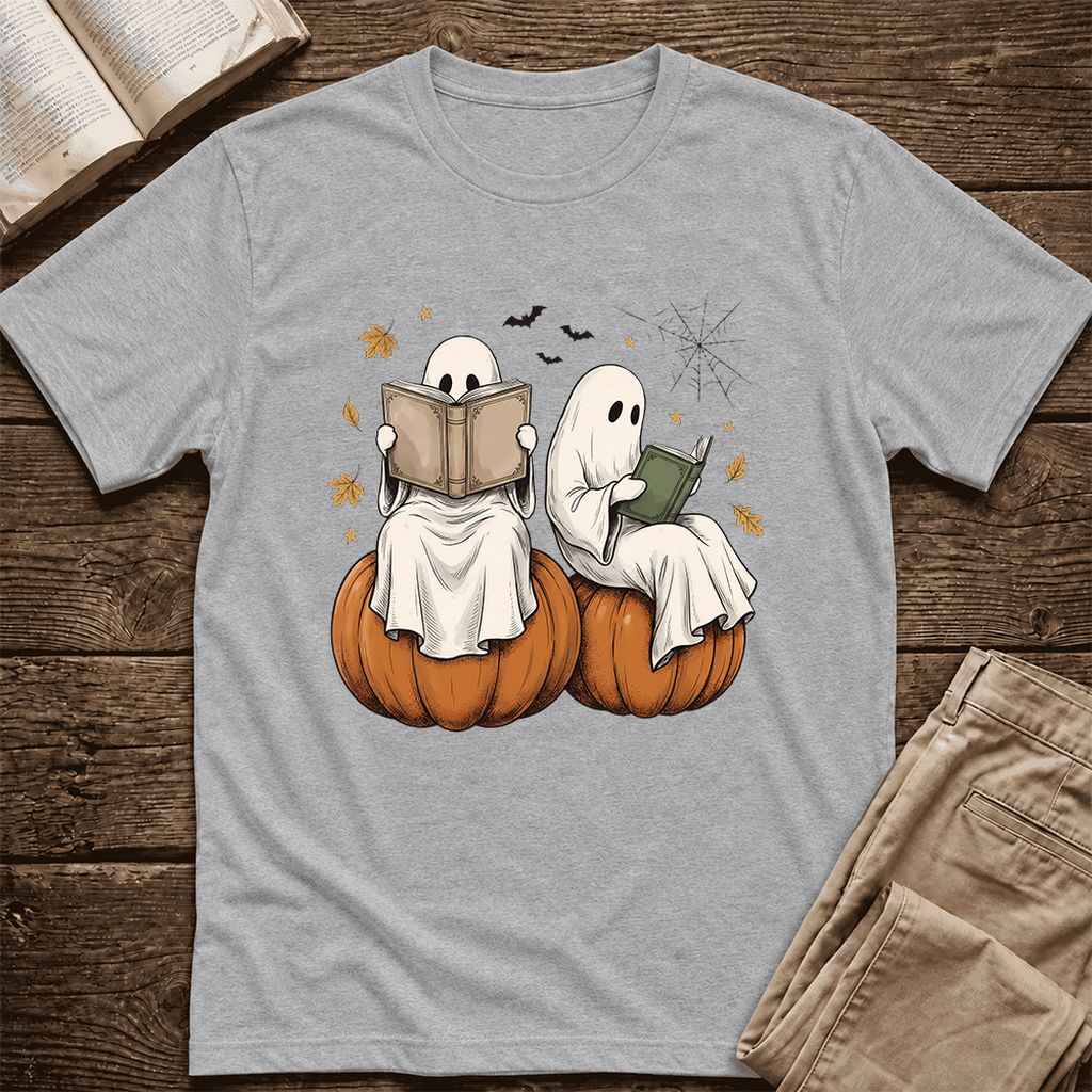 Small Ghosts Reading on Pumpkins Ultra-Soft Cotton T-Shirt | Gift Athletic Heather