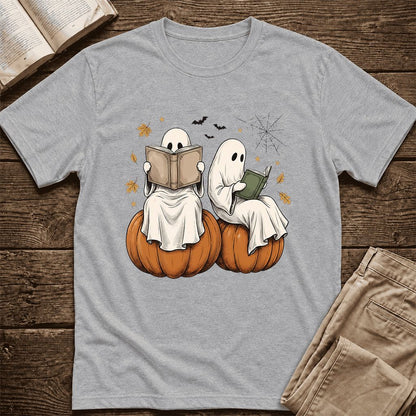 Small Ghosts Reading on Pumpkins Ultra-Soft Cotton T-Shirt | Gift Athletic Heather