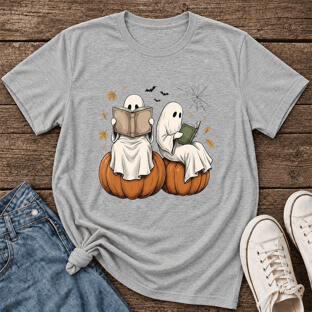 Small Ghosts Reading on Pumpkins Ultra-Soft Cotton T-Shirt | Gift Athletic Heather