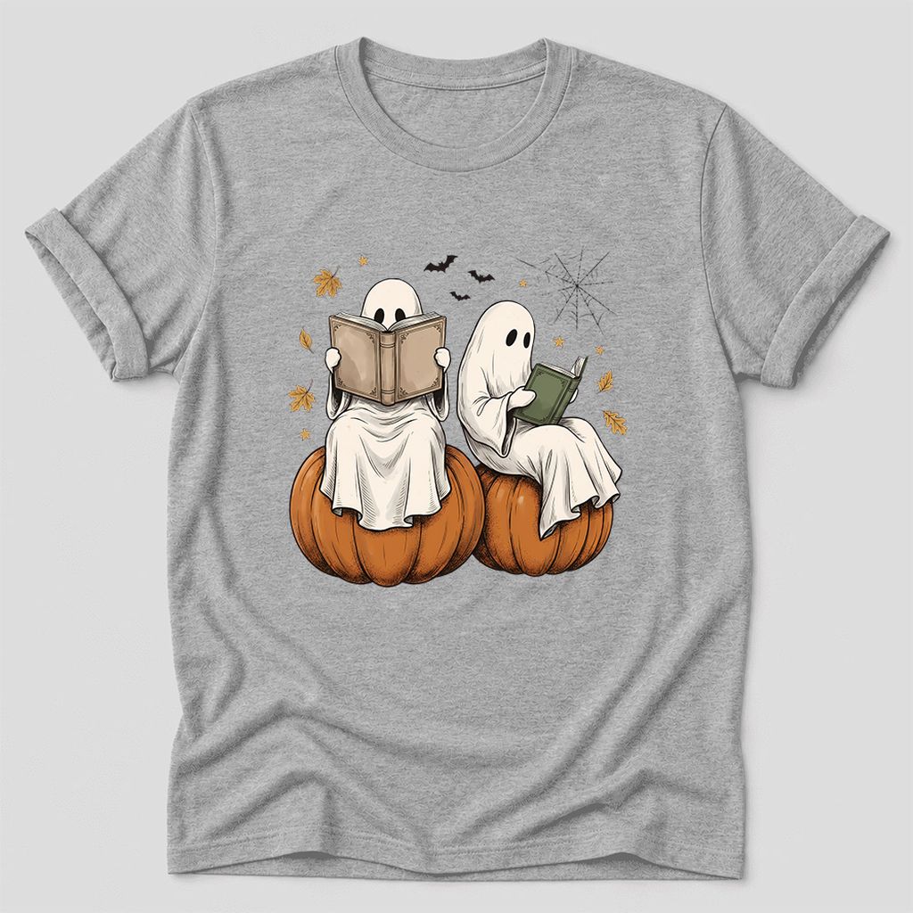 Small Ghosts Reading on Pumpkins Ultra-Soft Cotton T-Shirt | Gift Athletic Heather
