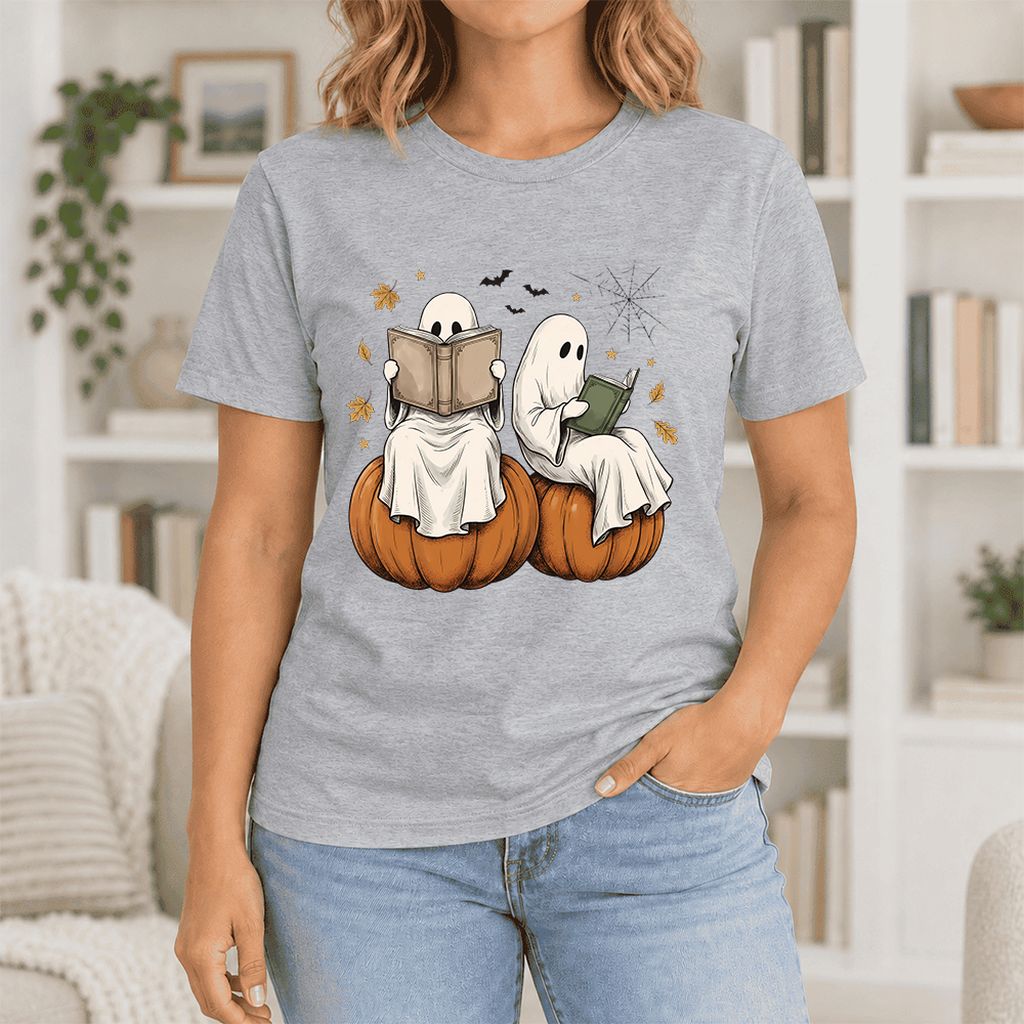Small Ghosts Reading on Pumpkins Ultra-Soft Cotton T-Shirt | Gift Athletic Heather