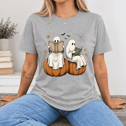 Small Ghosts Reading on Pumpkins Ultra-Soft Cotton T-Shirt | Gift Athletic Heather