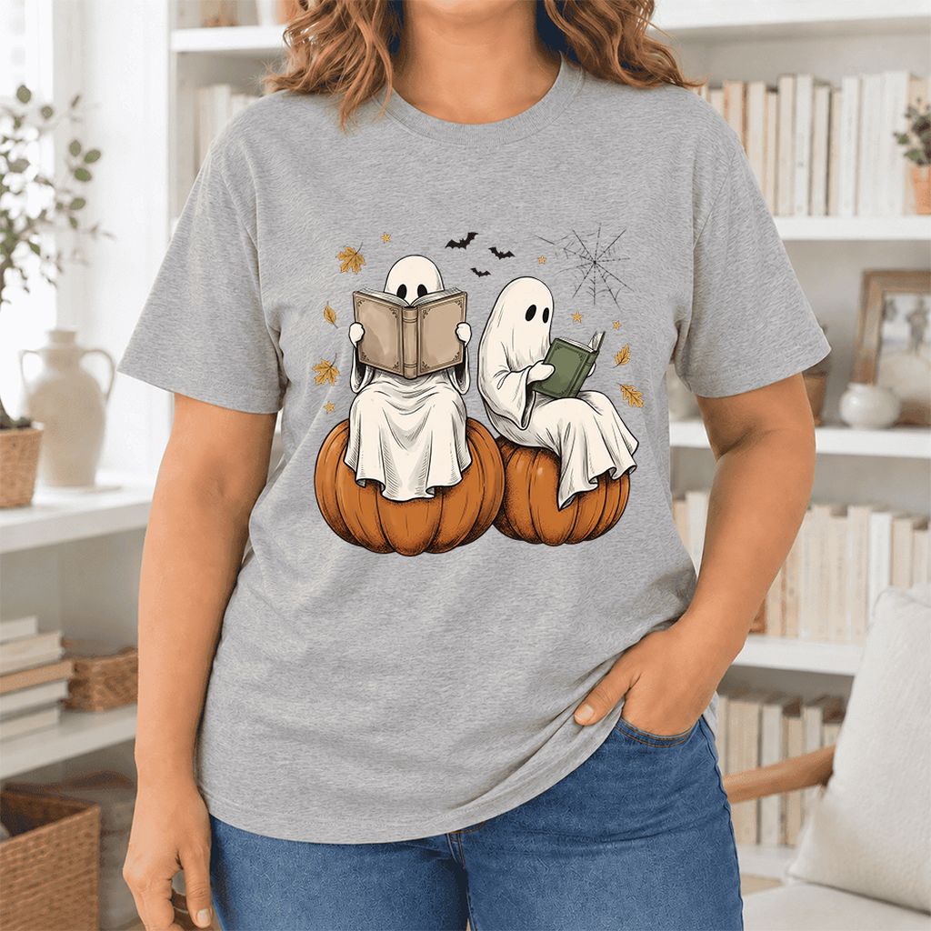 Small Ghosts Reading on Pumpkins Ultra-Soft Cotton T-Shirt | Gift Athletic Heather