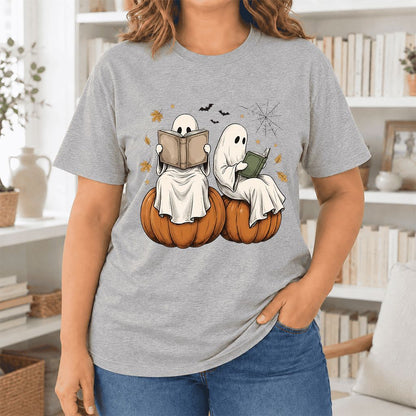 Small Ghosts Reading on Pumpkins Ultra-Soft Cotton T-Shirt | Gift Athletic Heather