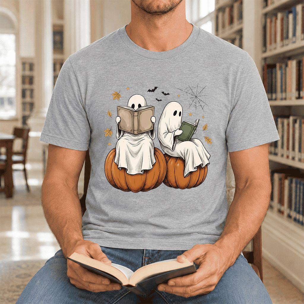 Small Ghosts Reading on Pumpkins Ultra-Soft Cotton T-Shirt | Gift Athletic Heather