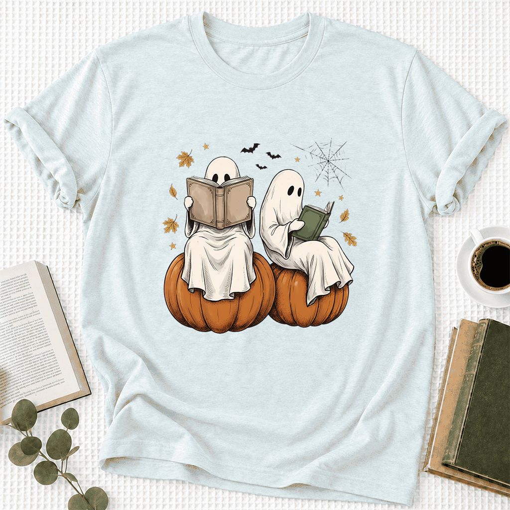 Small Ghosts Reading on Pumpkins Ultra-Soft Cotton T-Shirt | Gift Heather Ice Blue