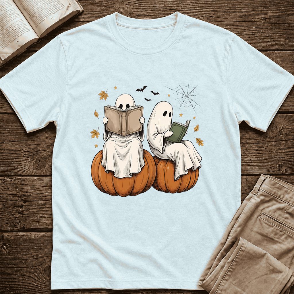 Small Ghosts Reading on Pumpkins Ultra-Soft Cotton T-Shirt | Gift Heather Ice Blue