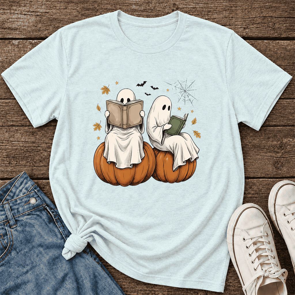 Small Ghosts Reading on Pumpkins Ultra-Soft Cotton T-Shirt | Gift Heather Ice Blue